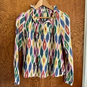 Warm 3 button blouse in colorful geometric pattern